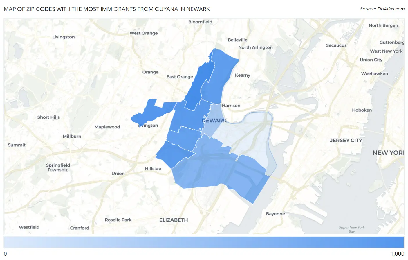 Zip Codes with the Most Immigrants from Guyana in Newark Map