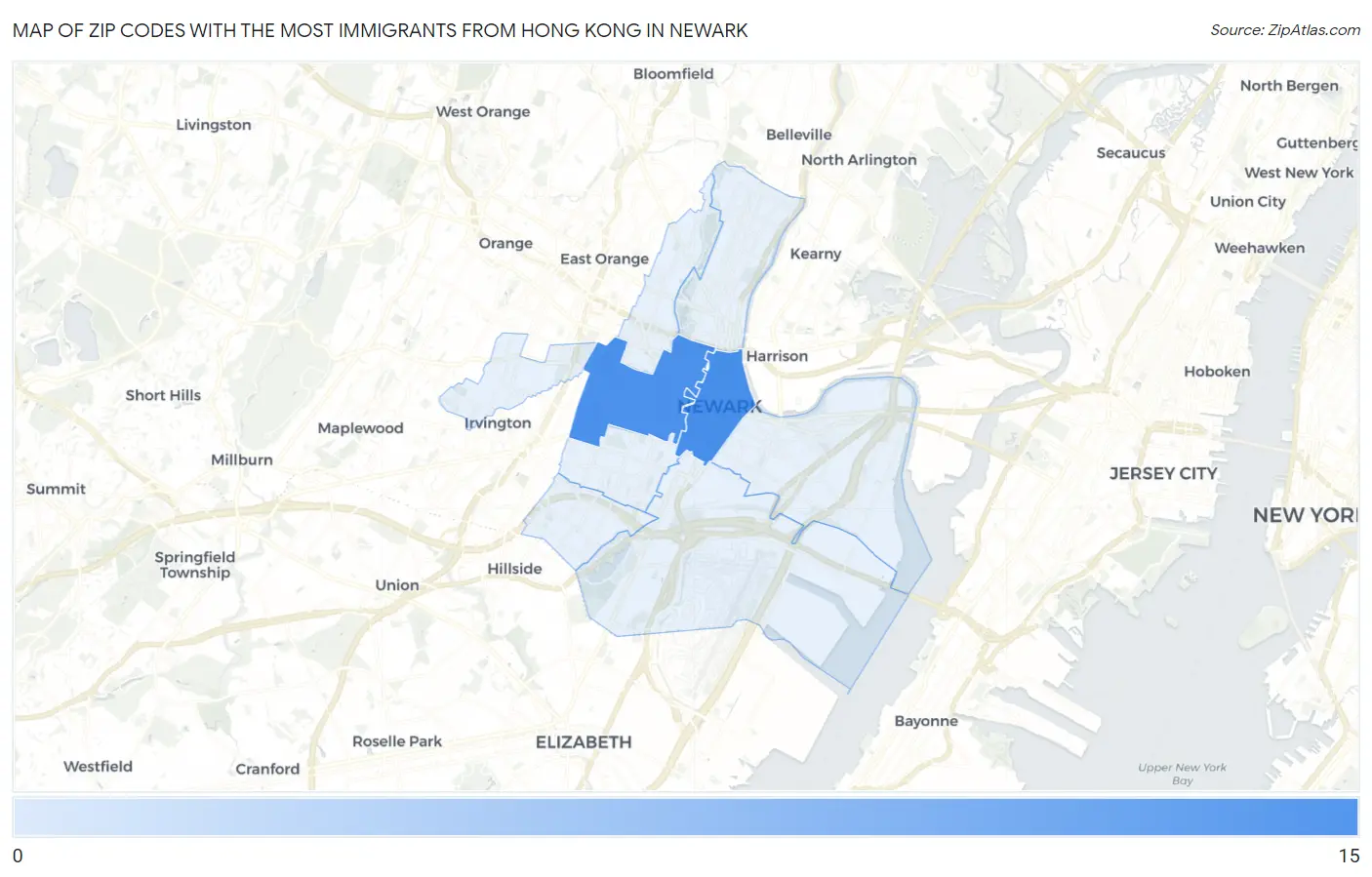 Zip Codes with the Most Immigrants from Hong Kong in Newark Map