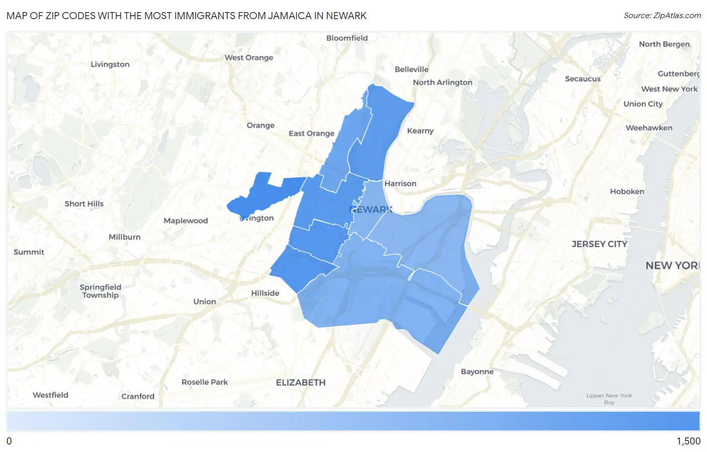 Zip Codes with the Most Immigrants from Jamaica in Newark Map