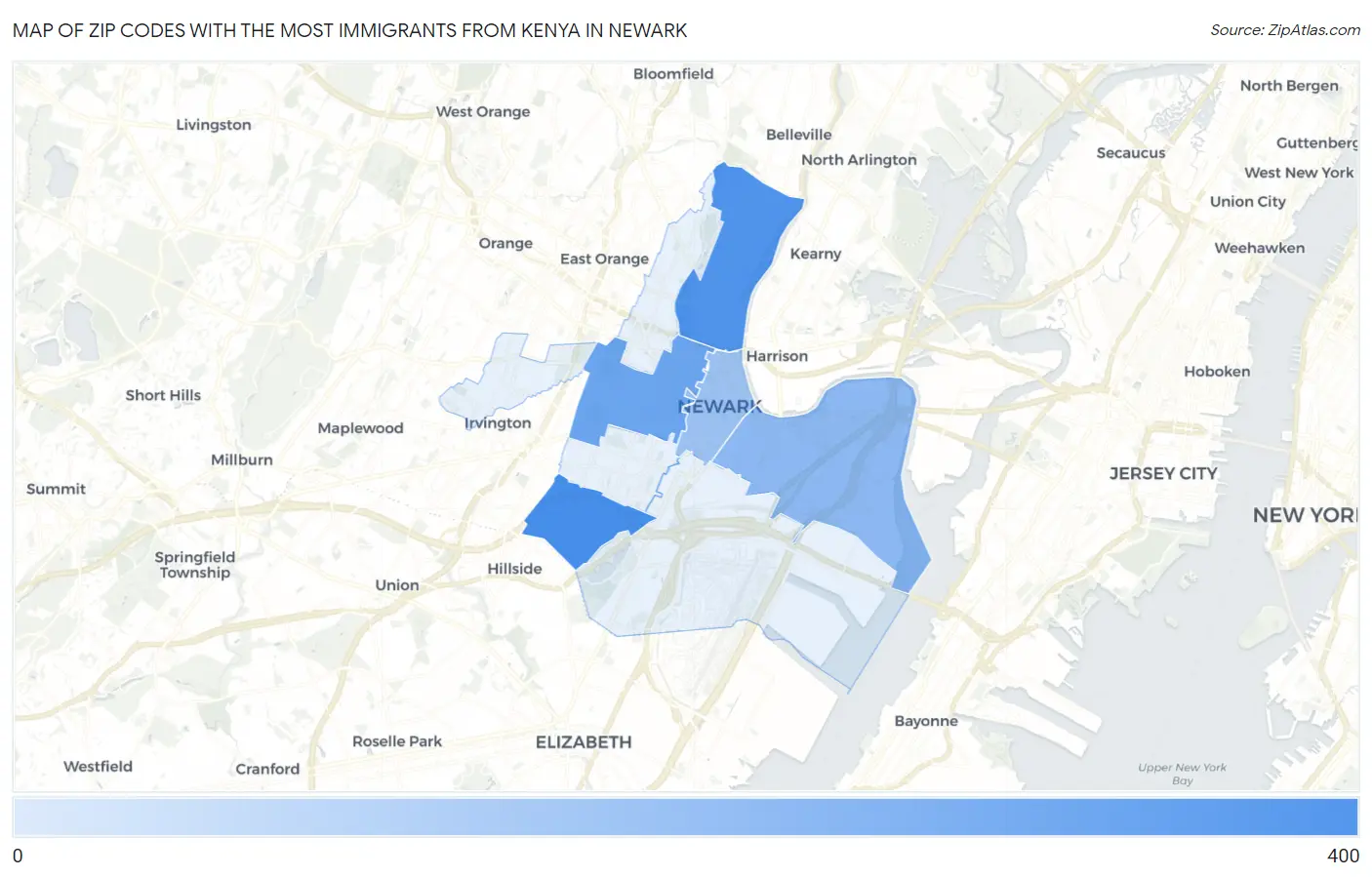 Zip Codes with the Most Immigrants from Kenya in Newark Map