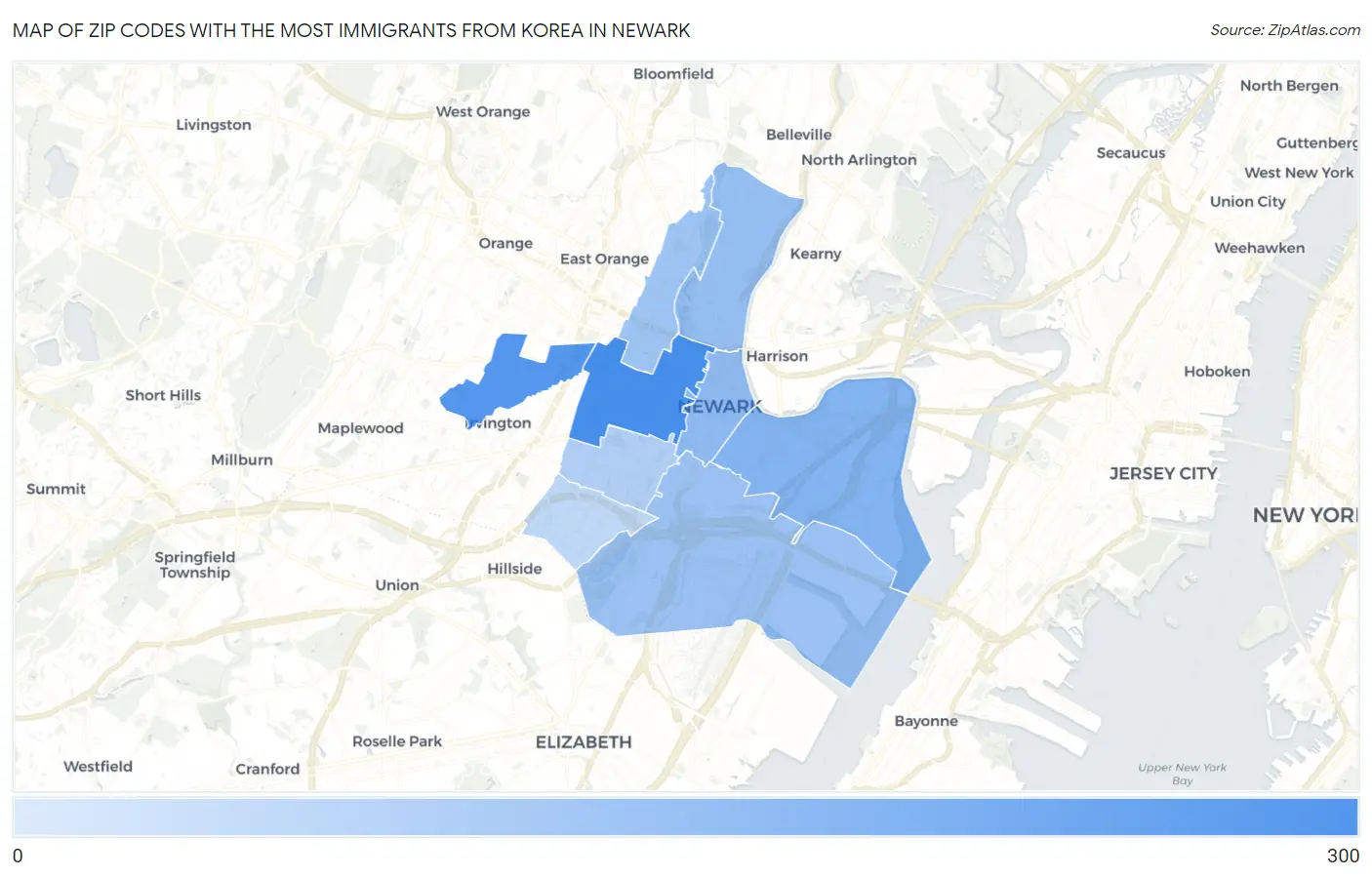 Zip Codes with the Most Immigrants from Korea in Newark Map