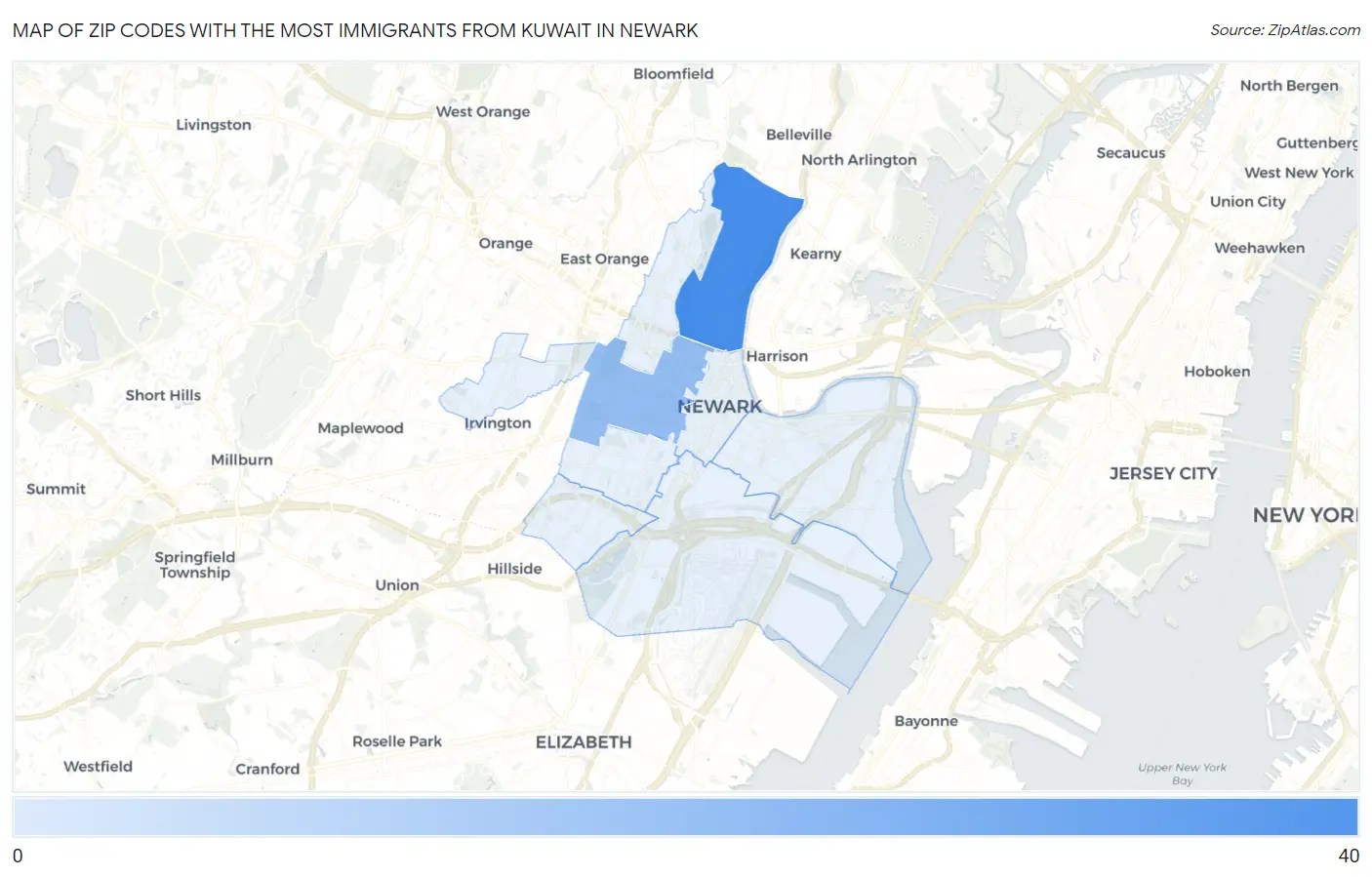 Zip Codes with the Most Immigrants from Kuwait in Newark Map