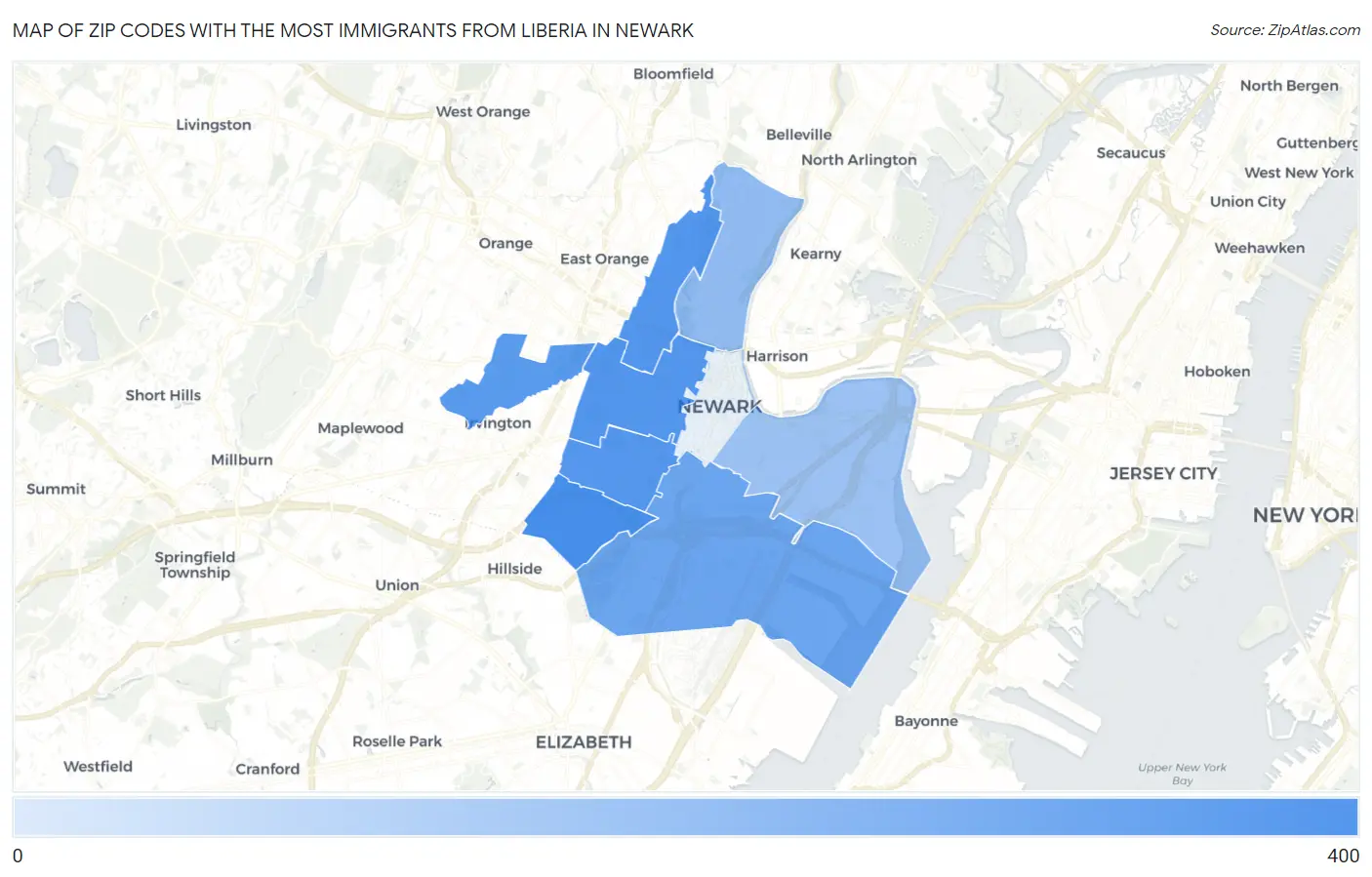 Zip Codes with the Most Immigrants from Liberia in Newark Map