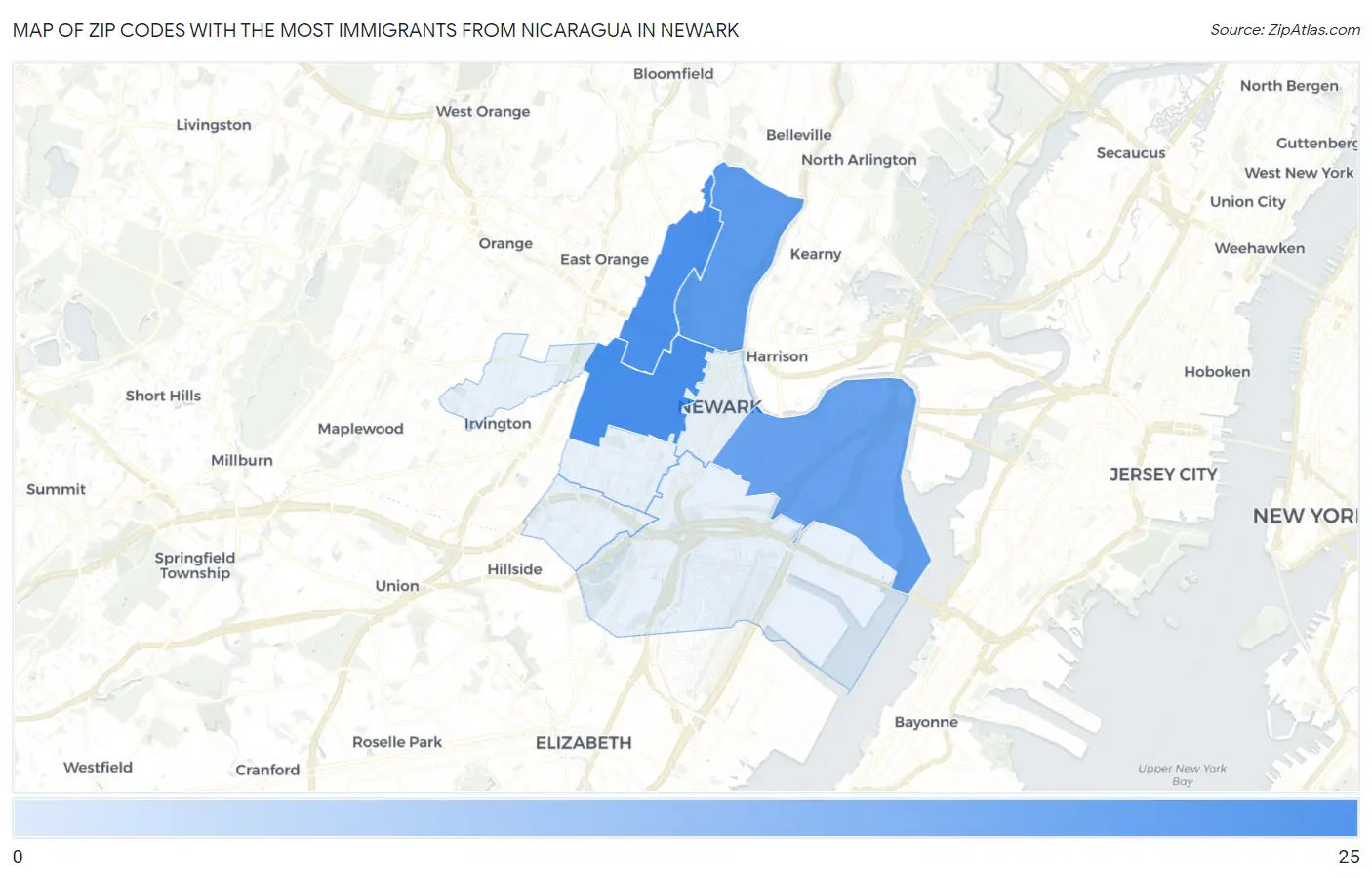 Zip Codes with the Most Immigrants from Nicaragua in Newark Map