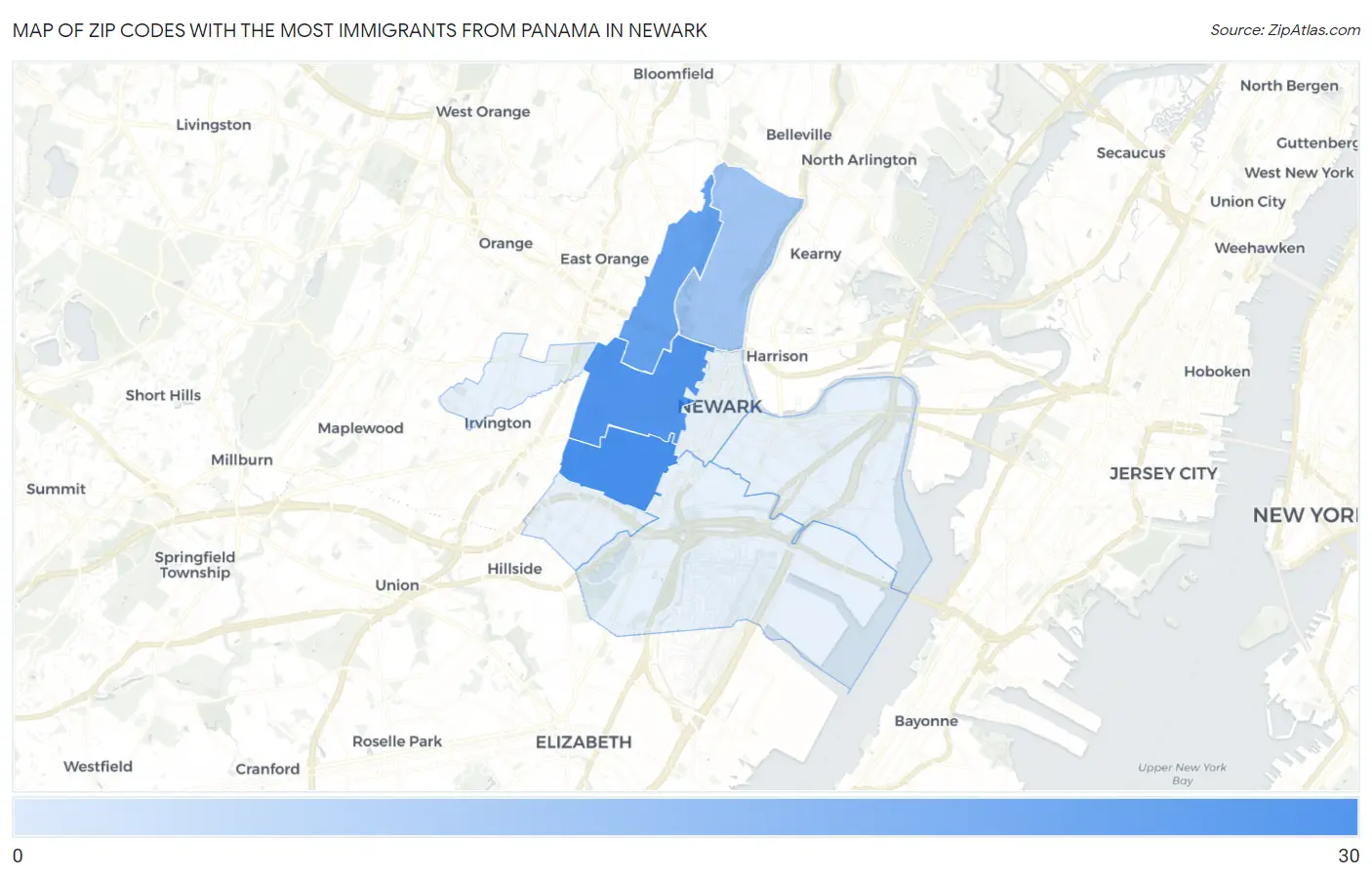 Zip Codes with the Most Immigrants from Panama in Newark Map