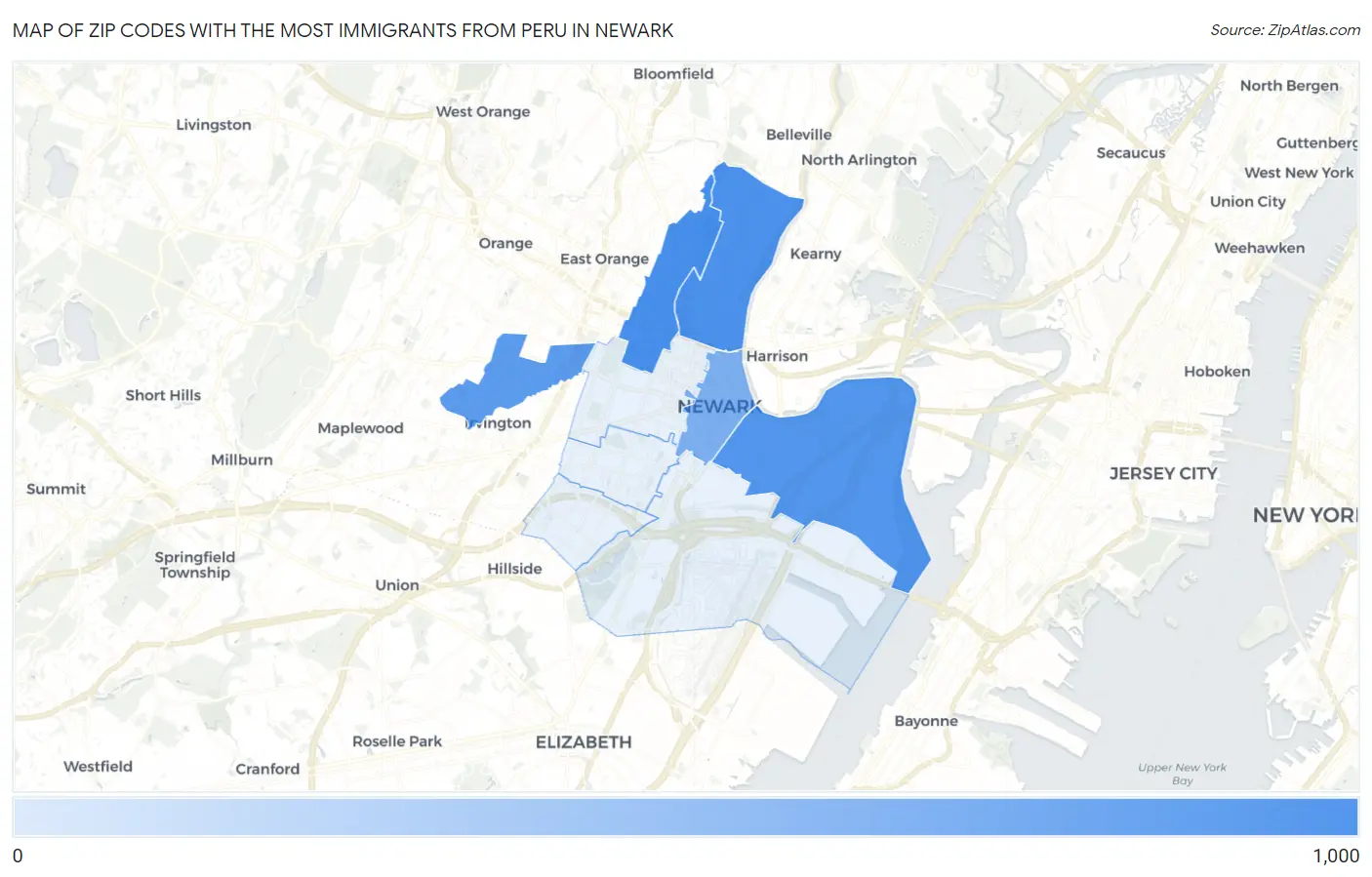 Zip Codes with the Most Immigrants from Peru in Newark Map