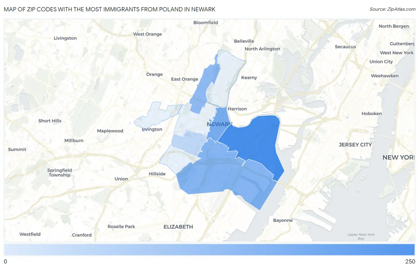 Zip Codes with the Most Immigrants from Poland in Newark Map