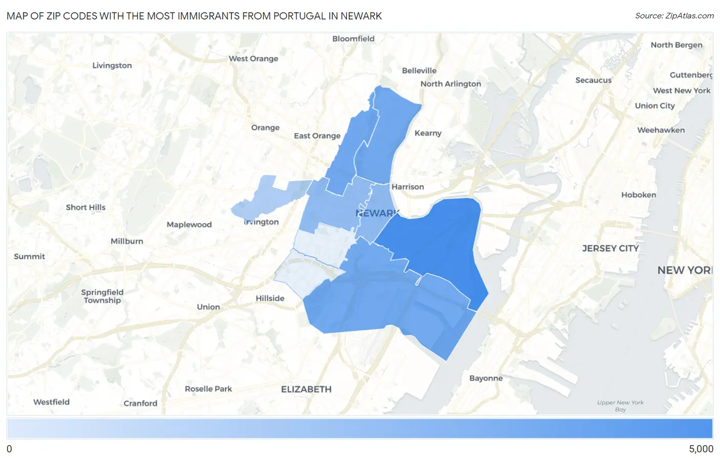 Zip Codes with the Most Immigrants from Portugal in Newark Map