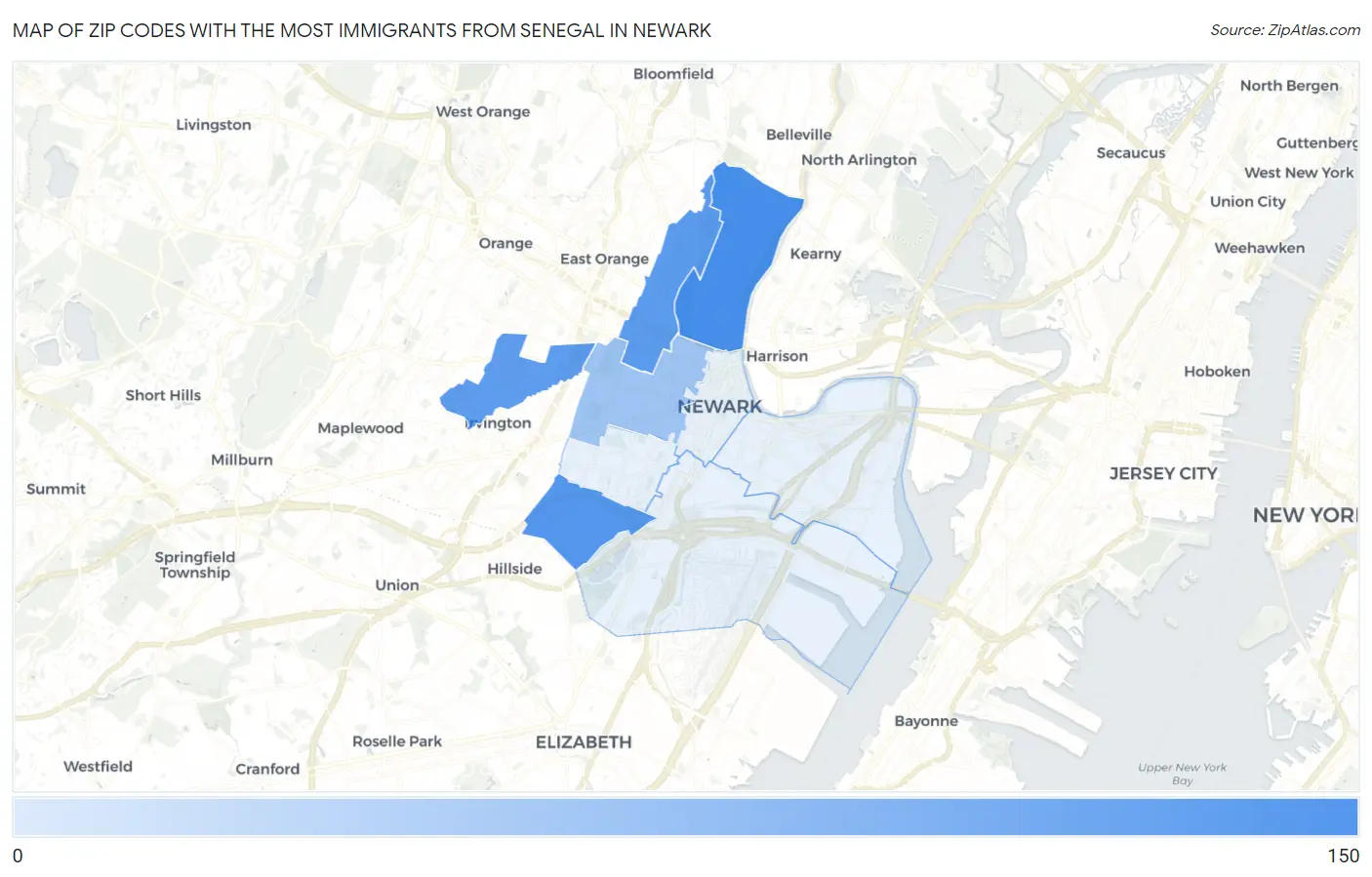 Zip Codes with the Most Immigrants from Senegal in Newark Map