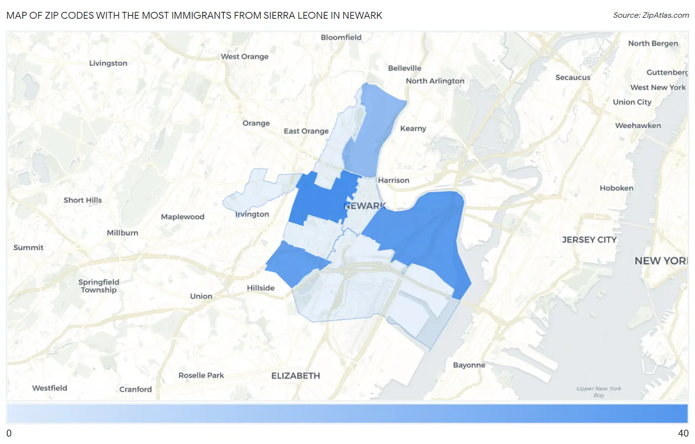 Zip Codes with the Most Immigrants from Sierra Leone in Newark Map