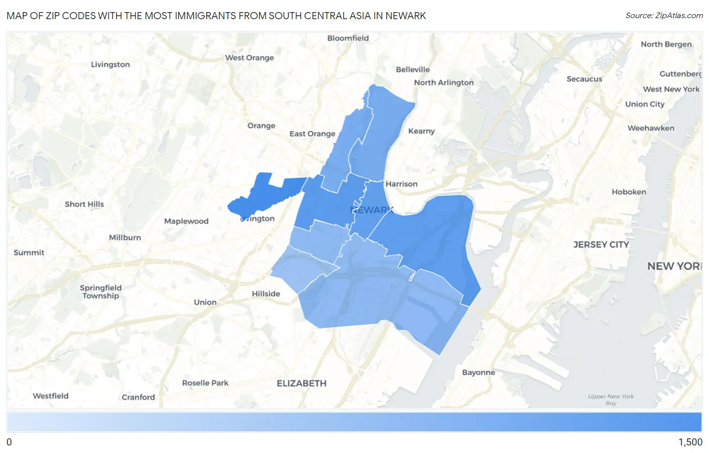 Zip Codes with the Most Immigrants from South Central Asia in Newark Map