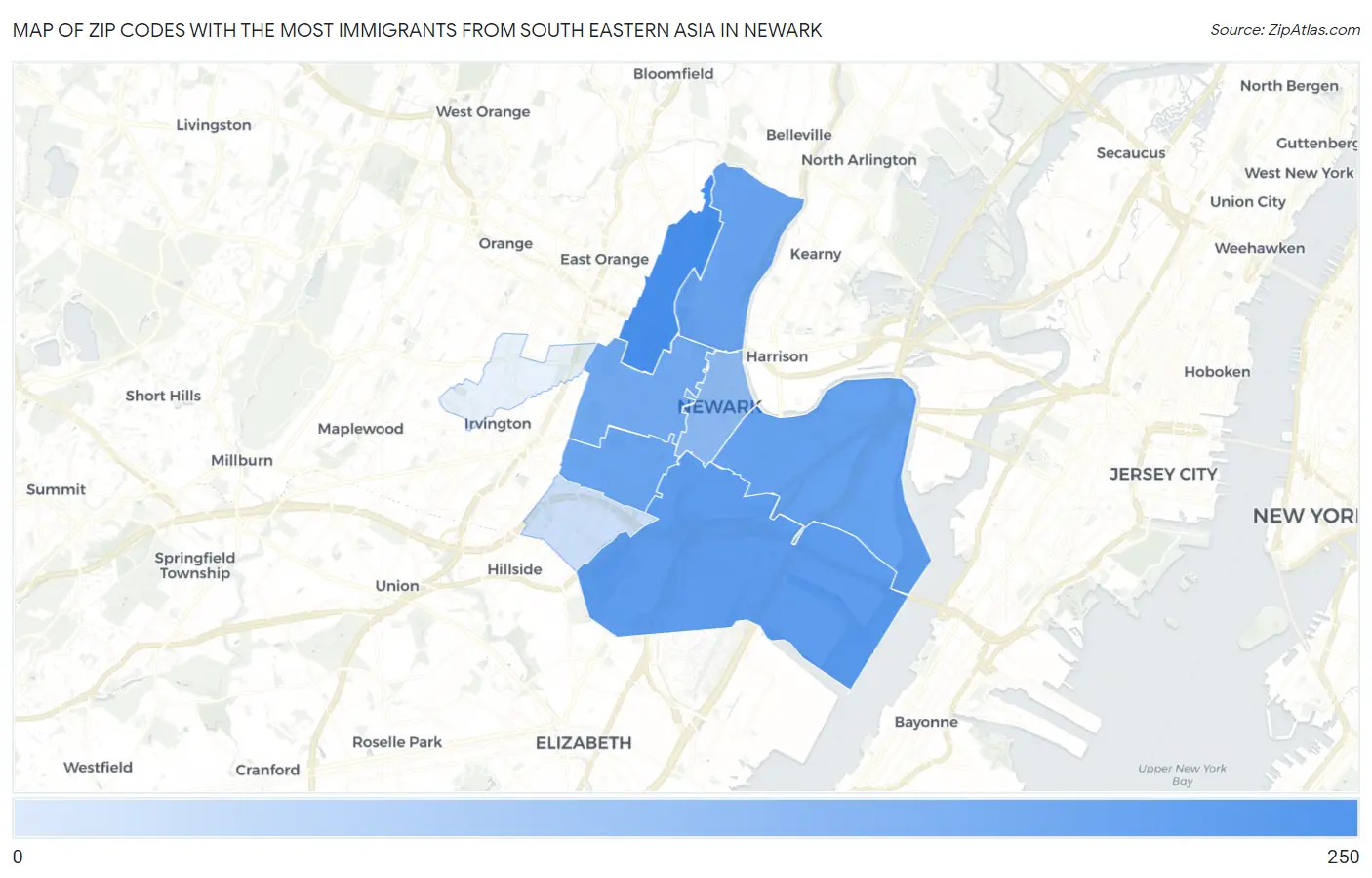 Zip Codes with the Most Immigrants from South Eastern Asia in Newark Map