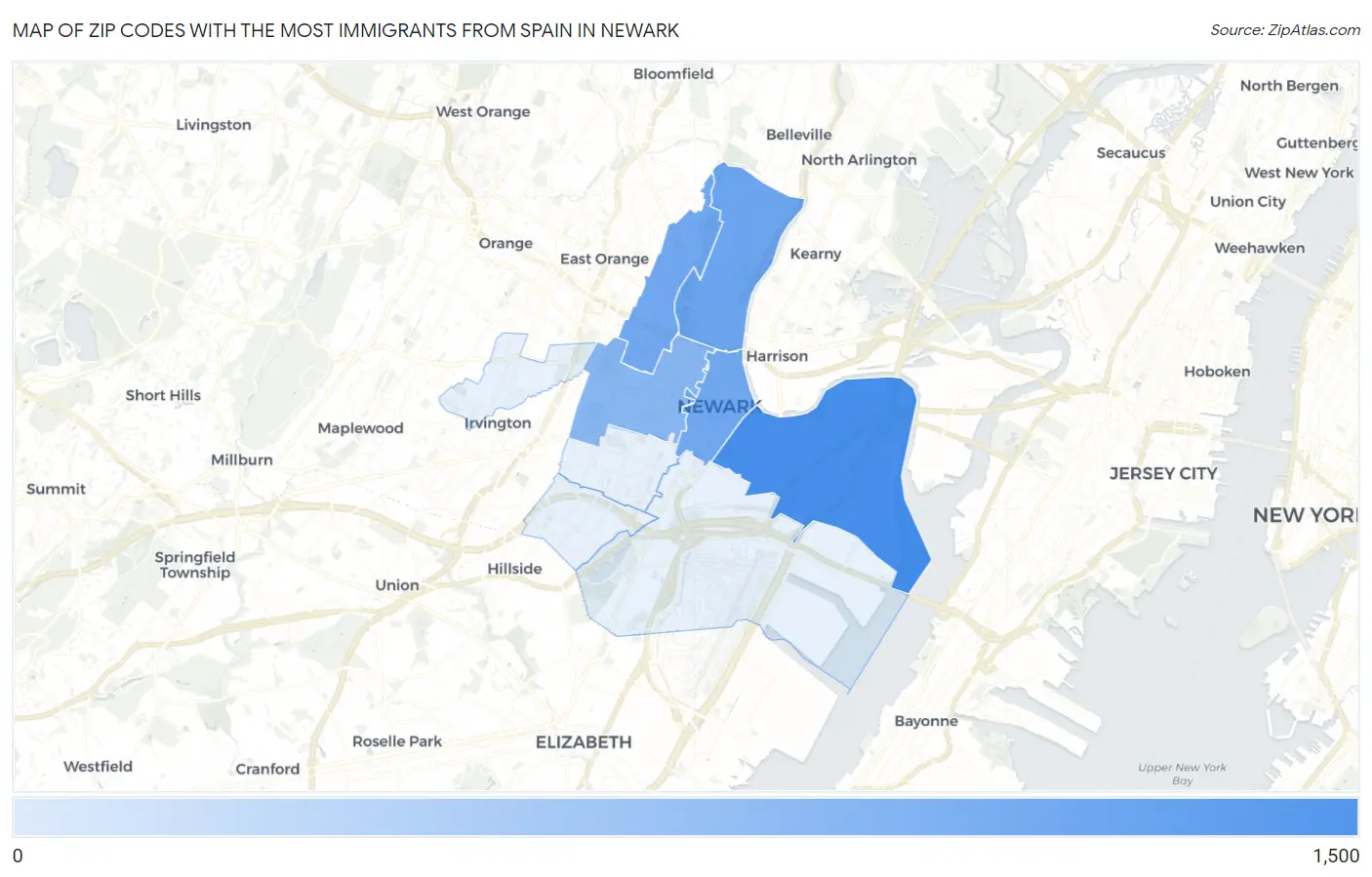 Zip Codes with the Most Immigrants from Spain in Newark Map