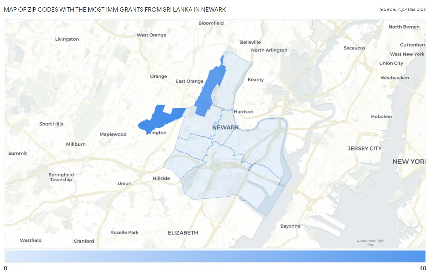 Zip Codes with the Most Immigrants from Sri Lanka in Newark Map