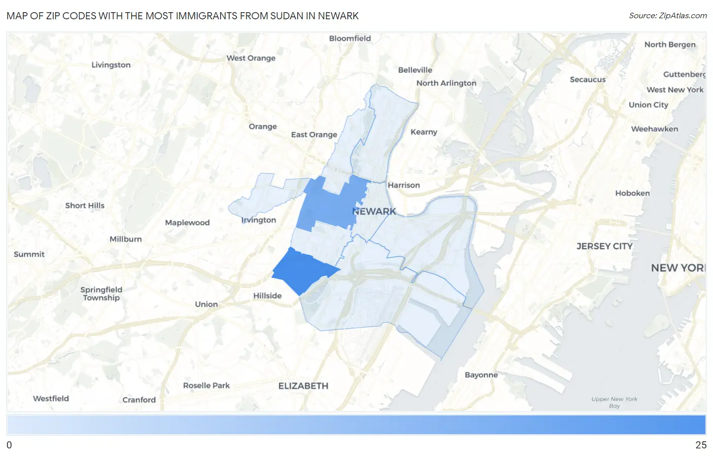 Zip Codes with the Most Immigrants from Sudan in Newark Map