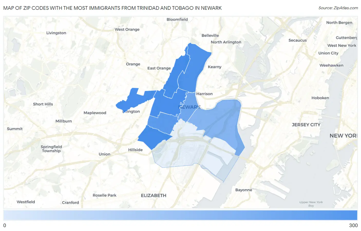 Zip Codes with the Most Immigrants from Trinidad and Tobago in Newark Map