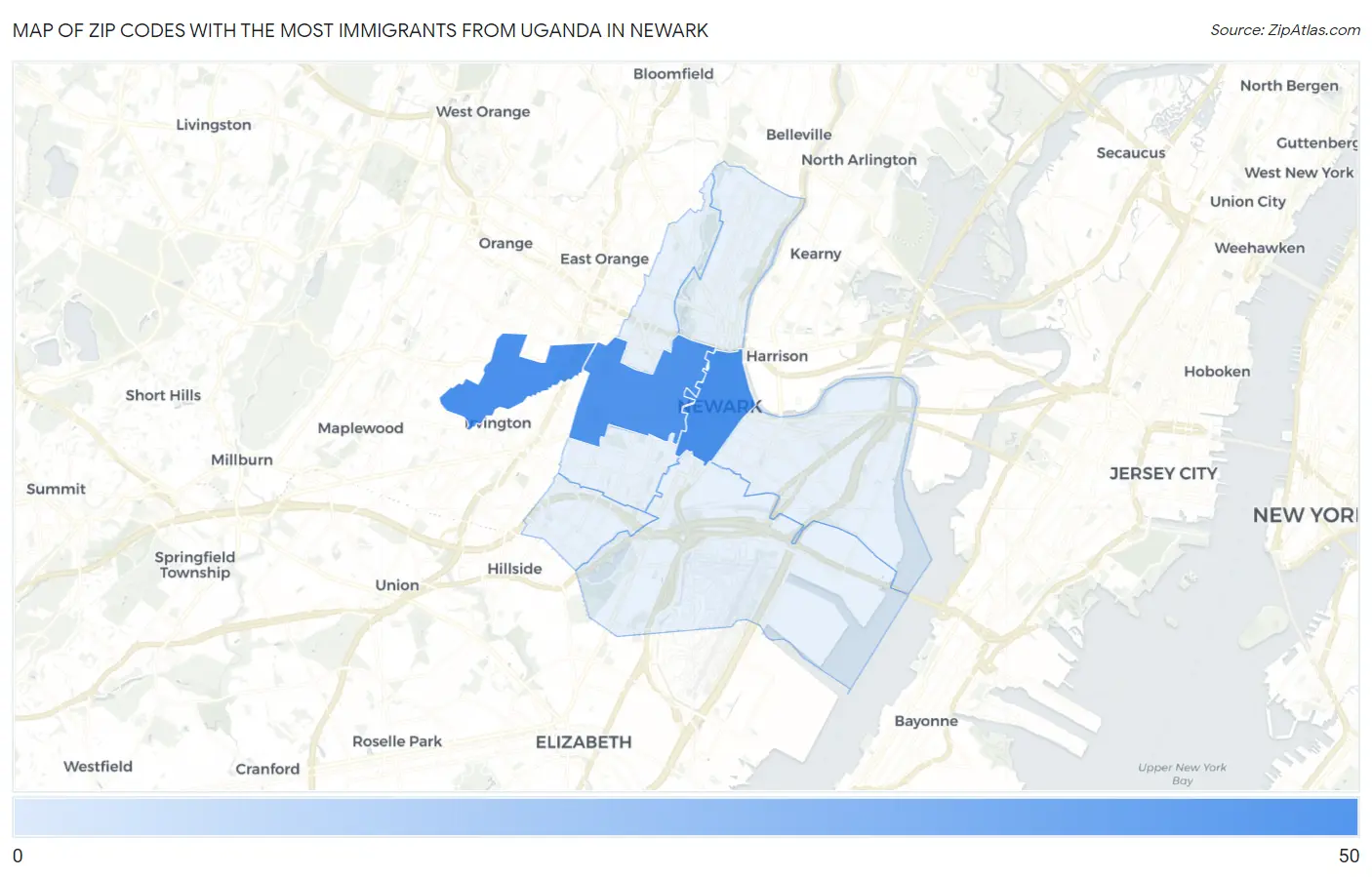 Zip Codes with the Most Immigrants from Uganda in Newark Map