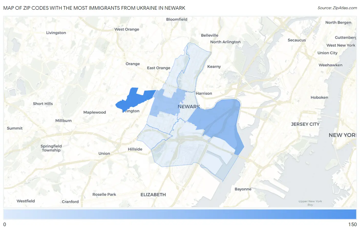 Zip Codes with the Most Immigrants from Ukraine in Newark Map