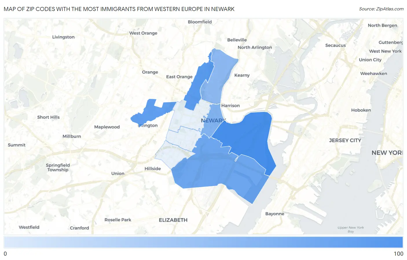 Zip Codes with the Most Immigrants from Western Europe in Newark Map