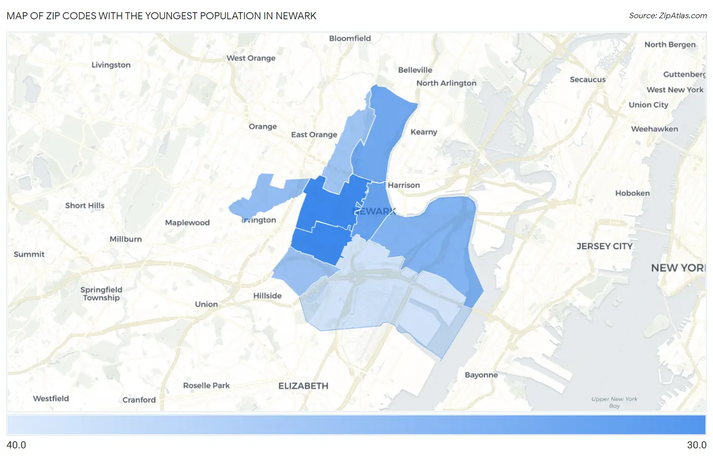 Zip Codes with the Youngest Population in Newark Map