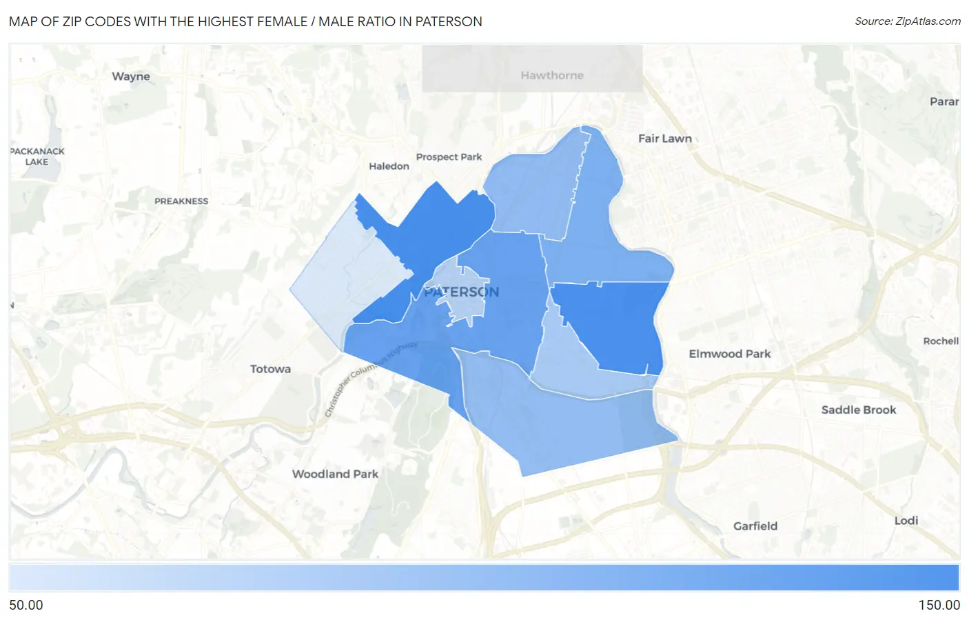 Zip Codes with the Highest Female / Male Ratio in Paterson Map