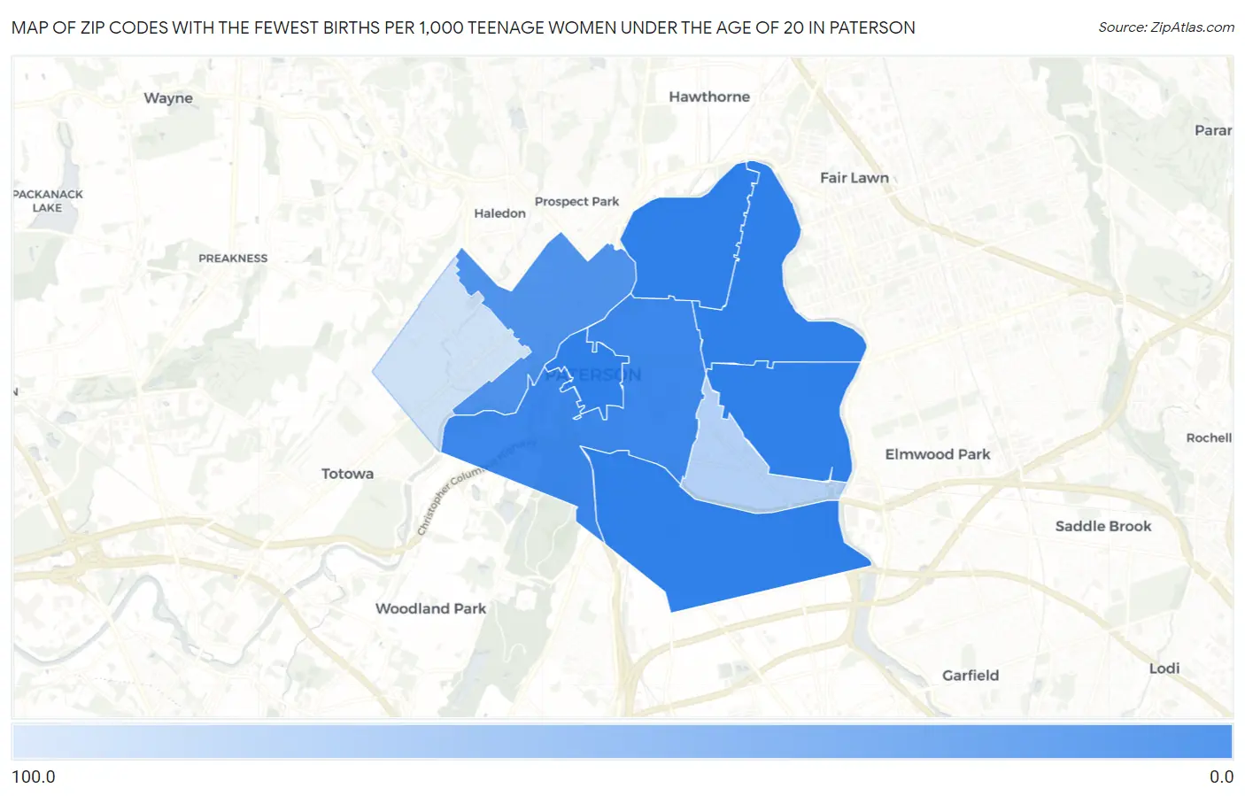 Zip Codes with the Fewest Births per 1,000 Teenage Women Under the Age of 20 in Paterson Map