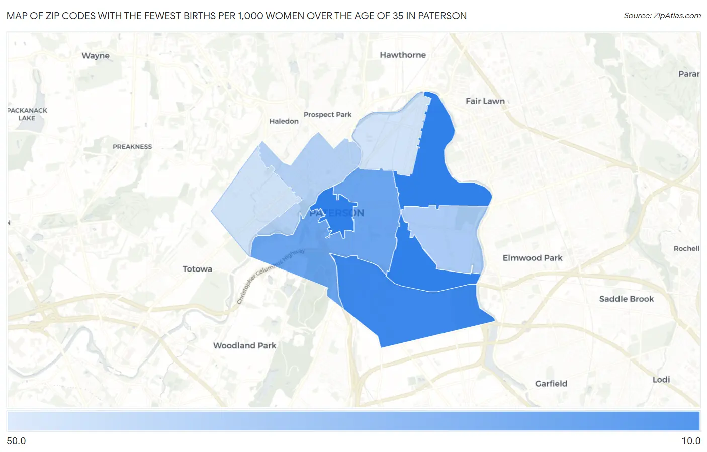 Zip Codes with the Fewest Births per 1,000 Women Over the Age of 35 in Paterson Map