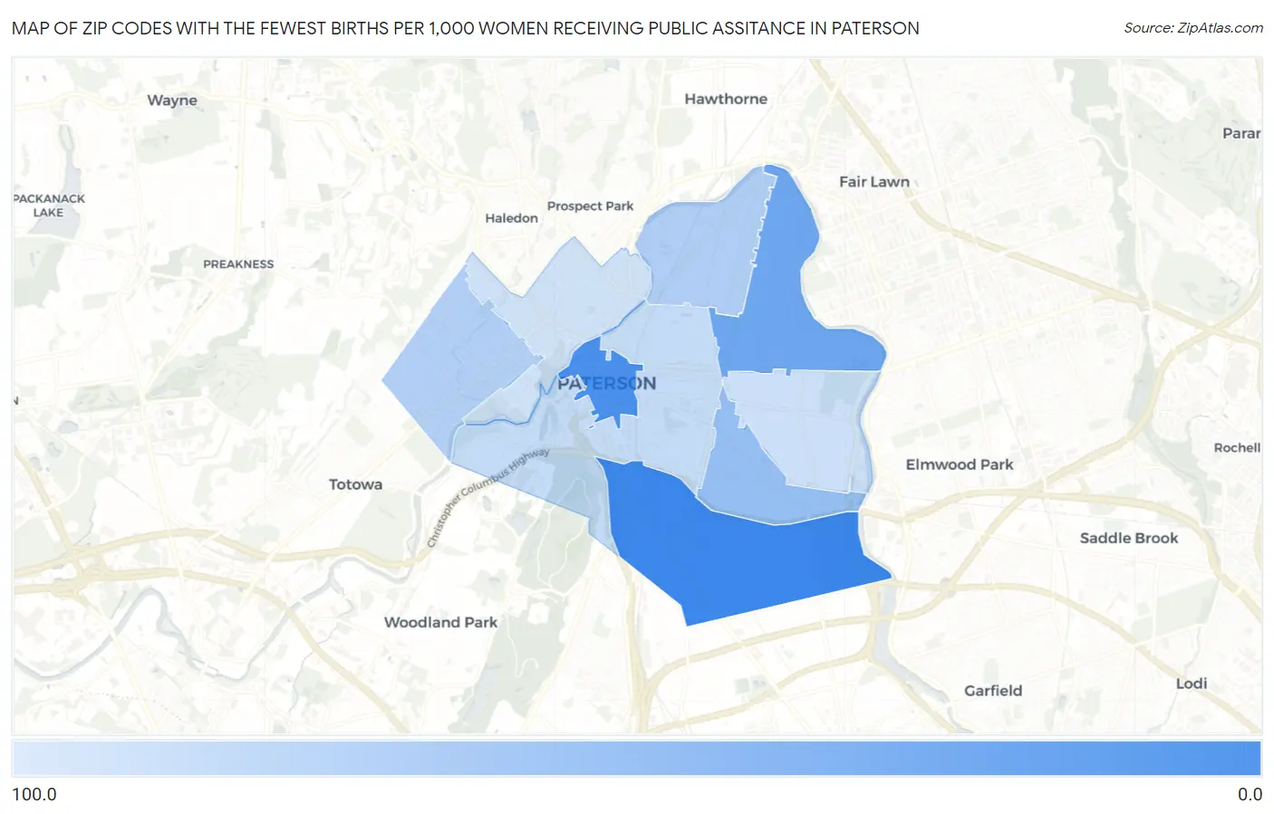 Zip Codes with the Fewest Births per 1,000 Women Receiving Public Assitance in Paterson Map