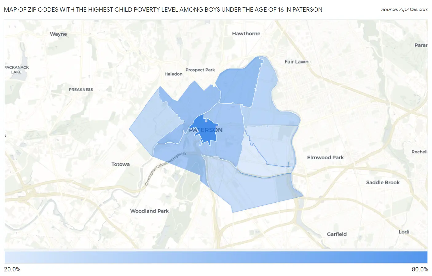 Zip Codes with the Highest Child Poverty Level Among Boys Under the Age of 16 in Paterson Map