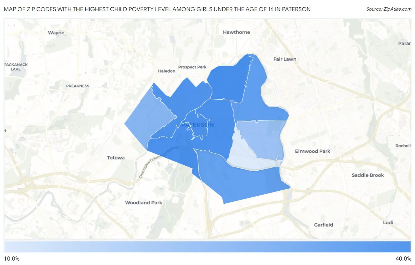 Zip Codes with the Highest Child Poverty Level Among Girls Under the Age of 16 in Paterson Map