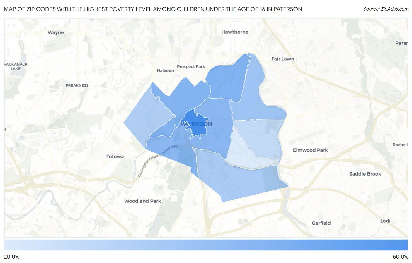 Zip Codes with the Highest Poverty Level Among Children Under the Age of 16 in Paterson Map