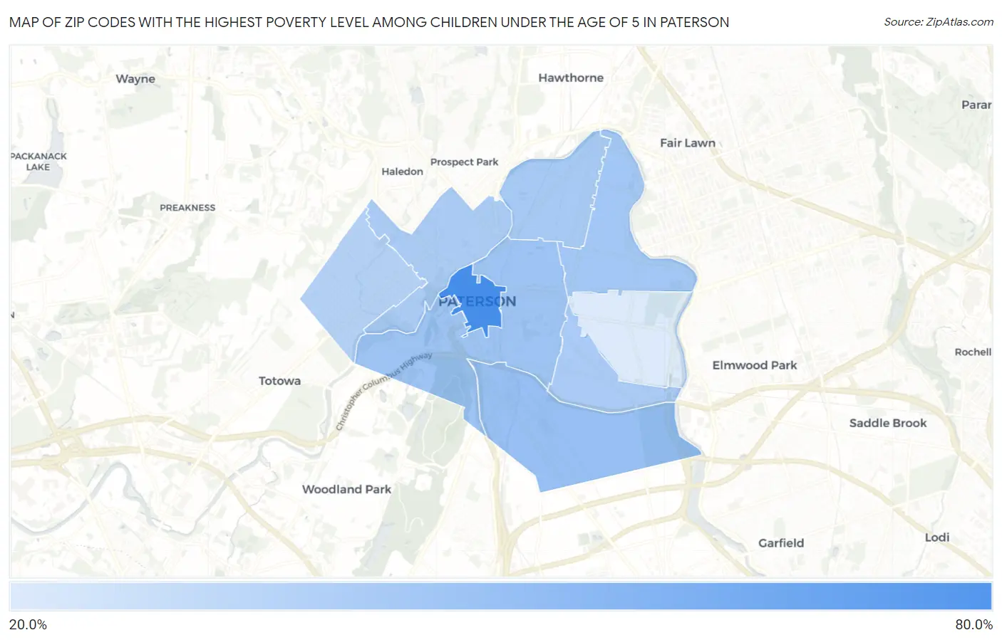 Zip Codes with the Highest Poverty Level Among Children Under the Age of 5 in Paterson Map