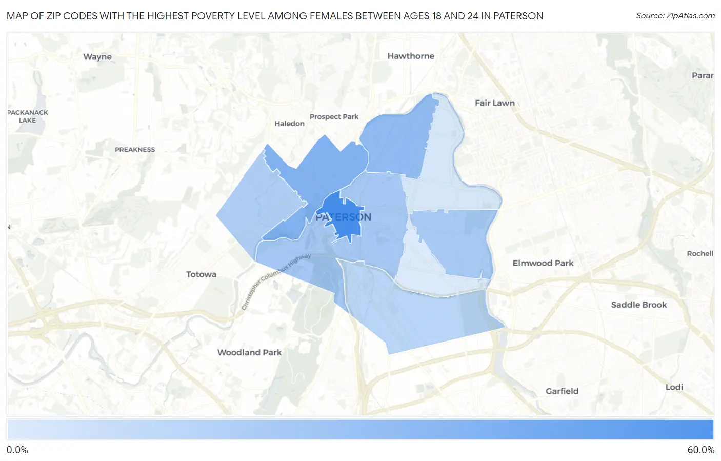 Zip Codes with the Highest Poverty Level Among Females Between Ages 18 and 24 in Paterson Map