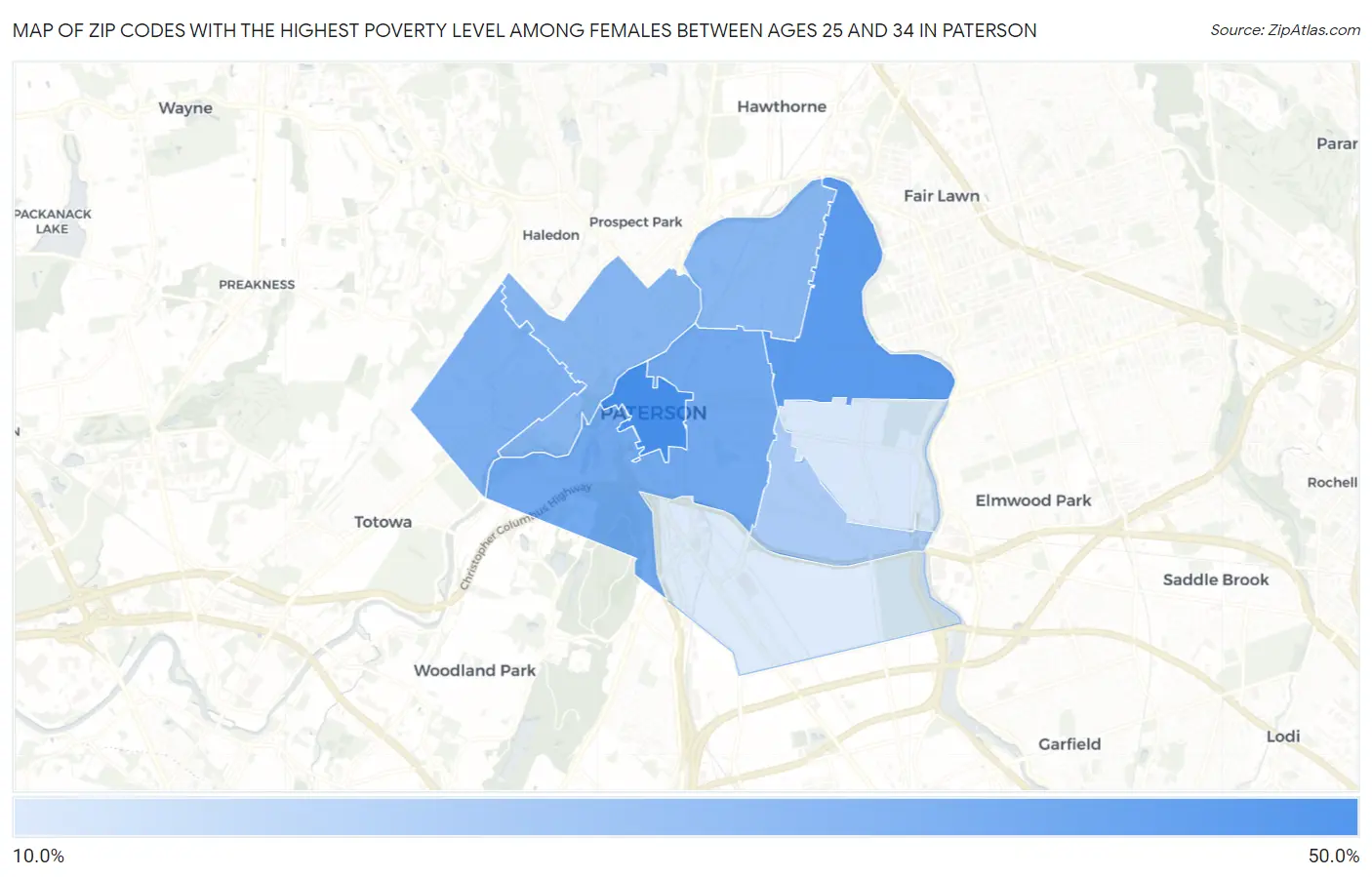 Zip Codes with the Highest Poverty Level Among Females Between Ages 25 and 34 in Paterson Map
