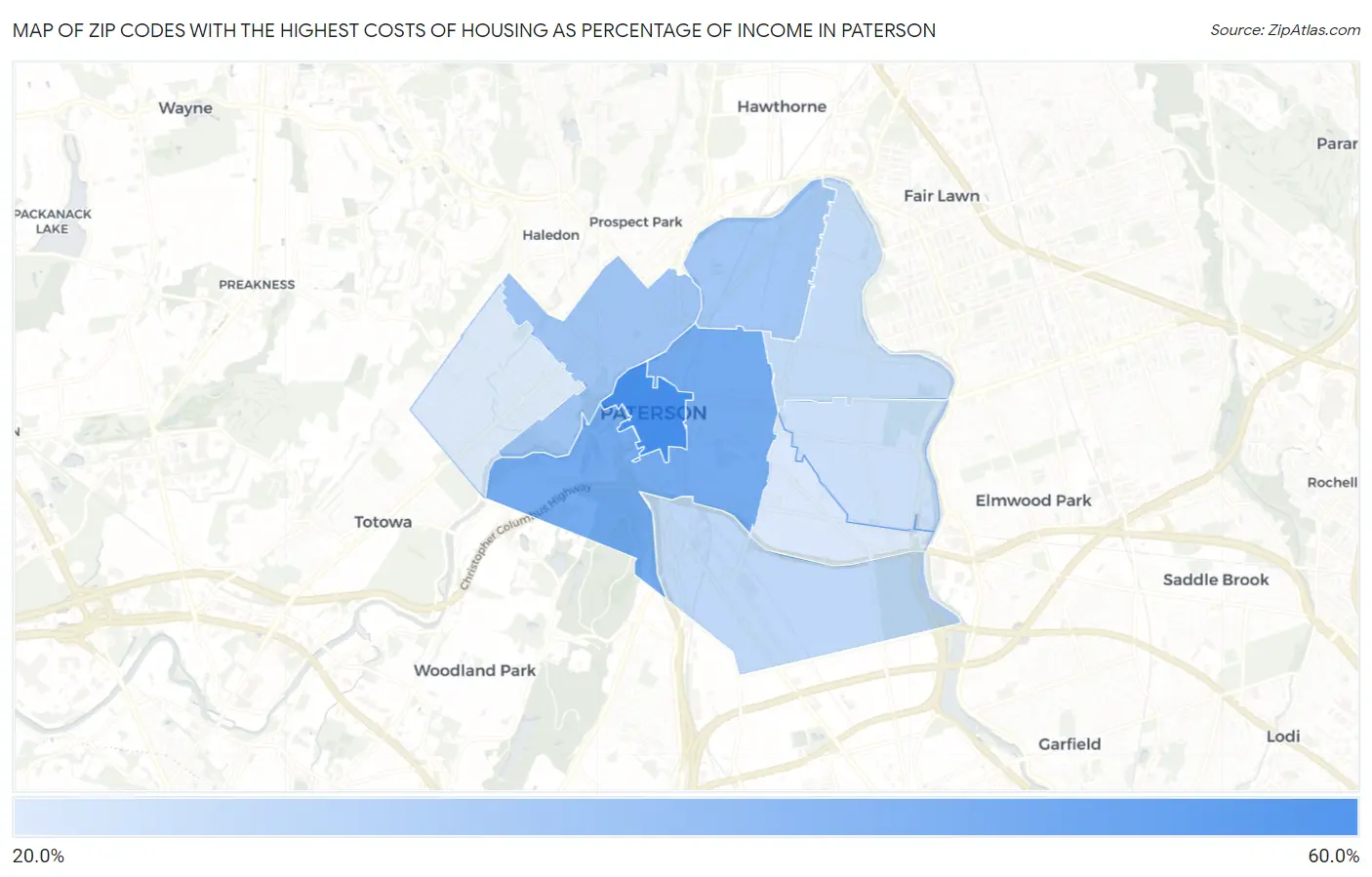 Zip Codes with the Highest Costs of Housing as Percentage of Income in Paterson Map