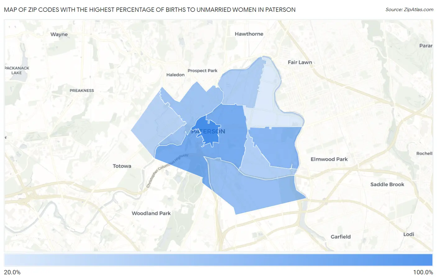 Zip Codes with the Highest Percentage of Births to Unmarried Women in Paterson Map
