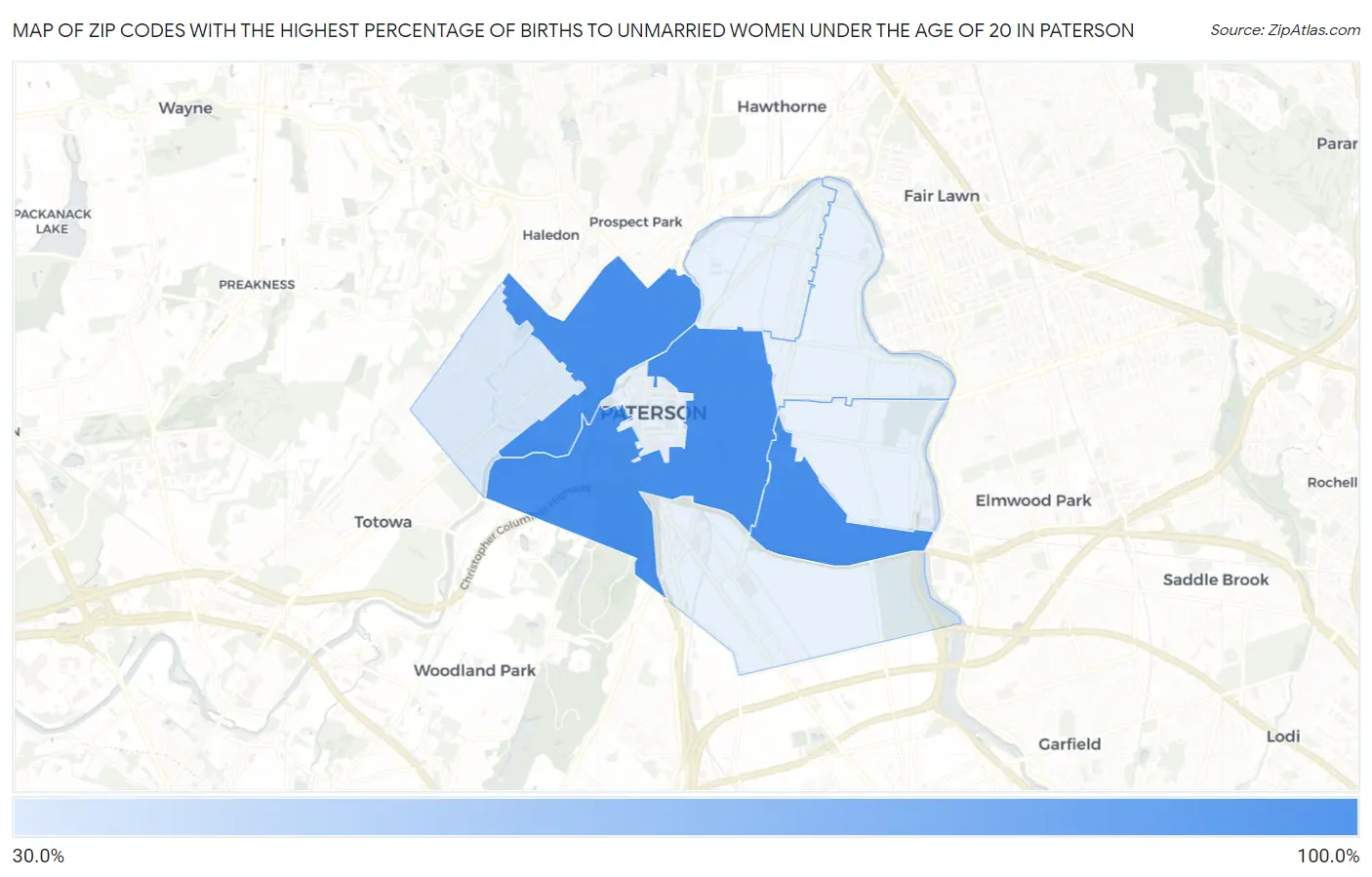 Zip Codes with the Highest Percentage of Births to Unmarried Women under the Age of 20 in Paterson Map