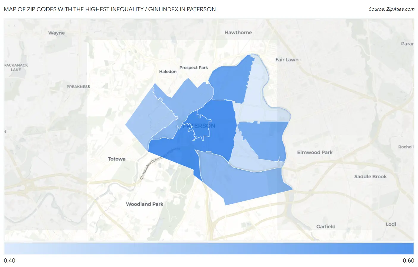Zip Codes with the Highest Inequality / Gini Index in Paterson Map