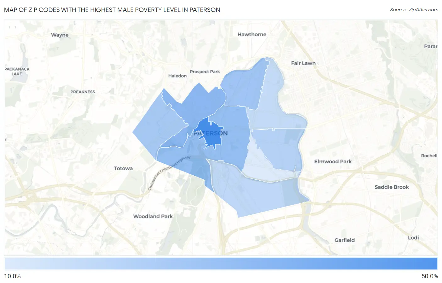 Zip Codes with the Highest Male Poverty Level in Paterson Map
