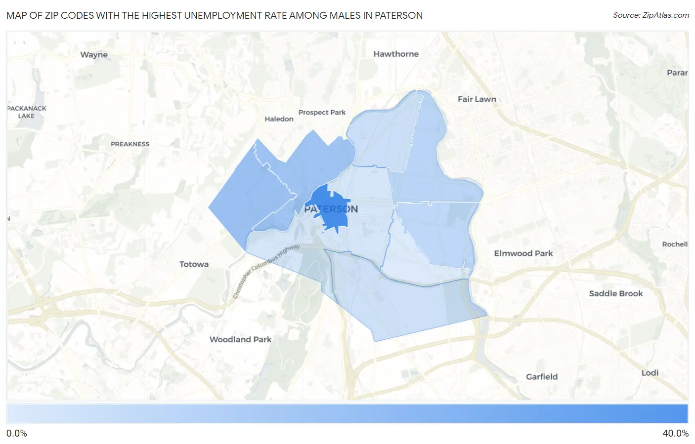 Zip Codes with the Highest Unemployment Rate Among Males in Paterson Map