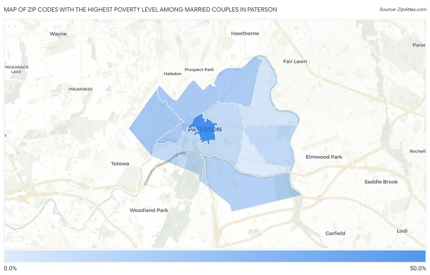 Zip Codes with the Highest Poverty Level Among Married Couples in Paterson Map