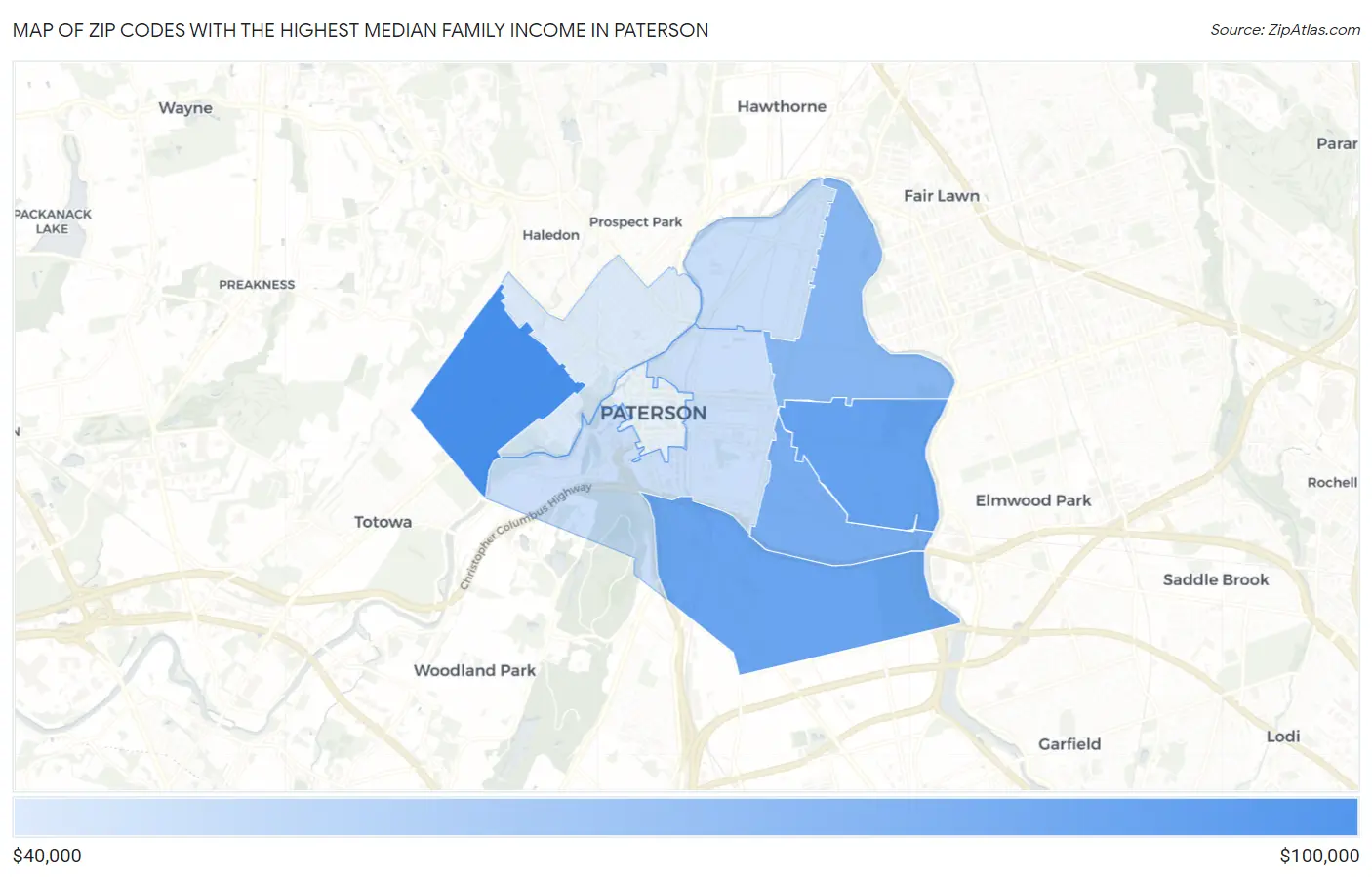 Zip Codes with the Highest Median Family Income in Paterson Map