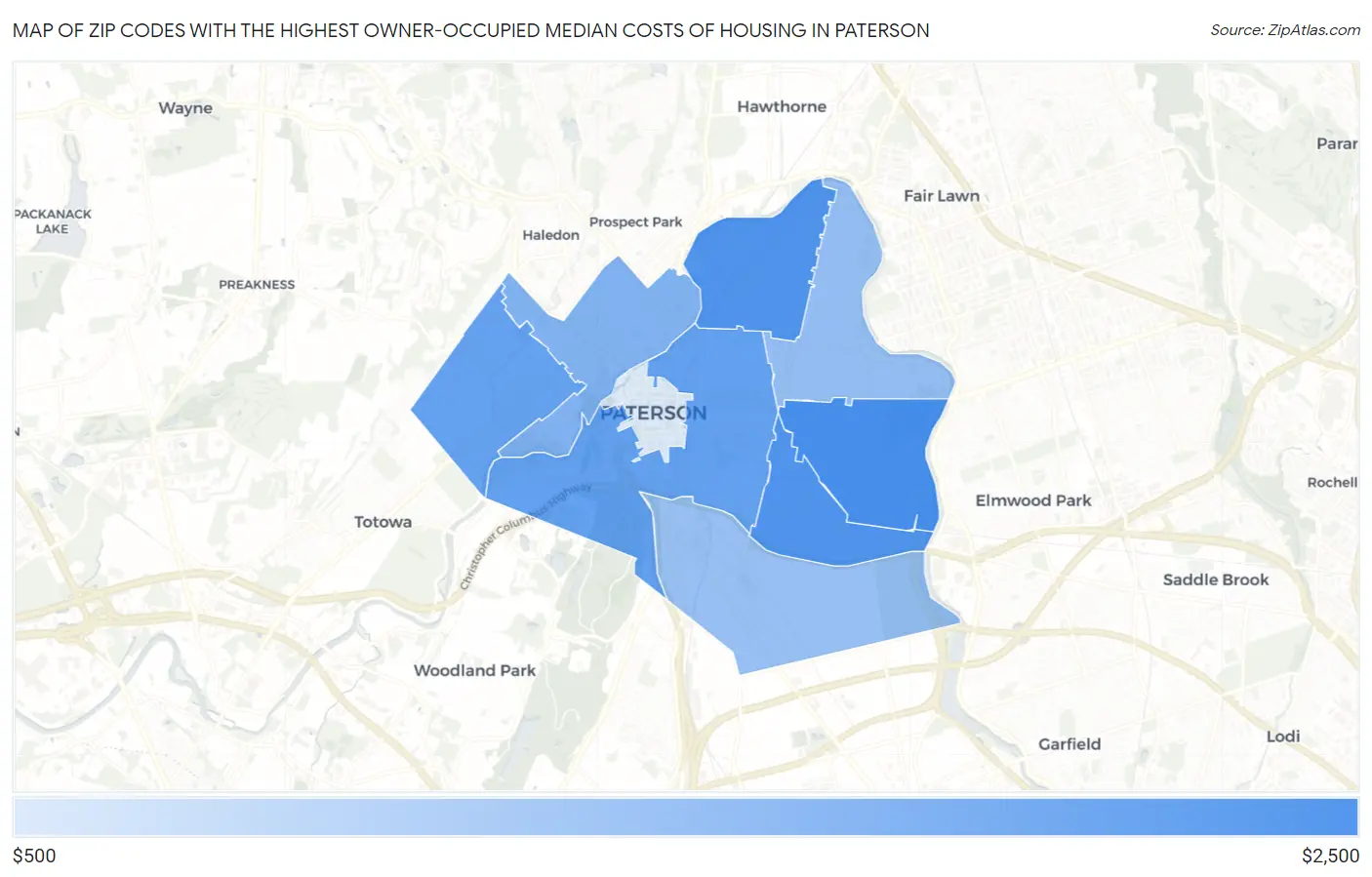 Zip Codes with the Highest Owner-Occupied Median Costs of Housing in Paterson Map