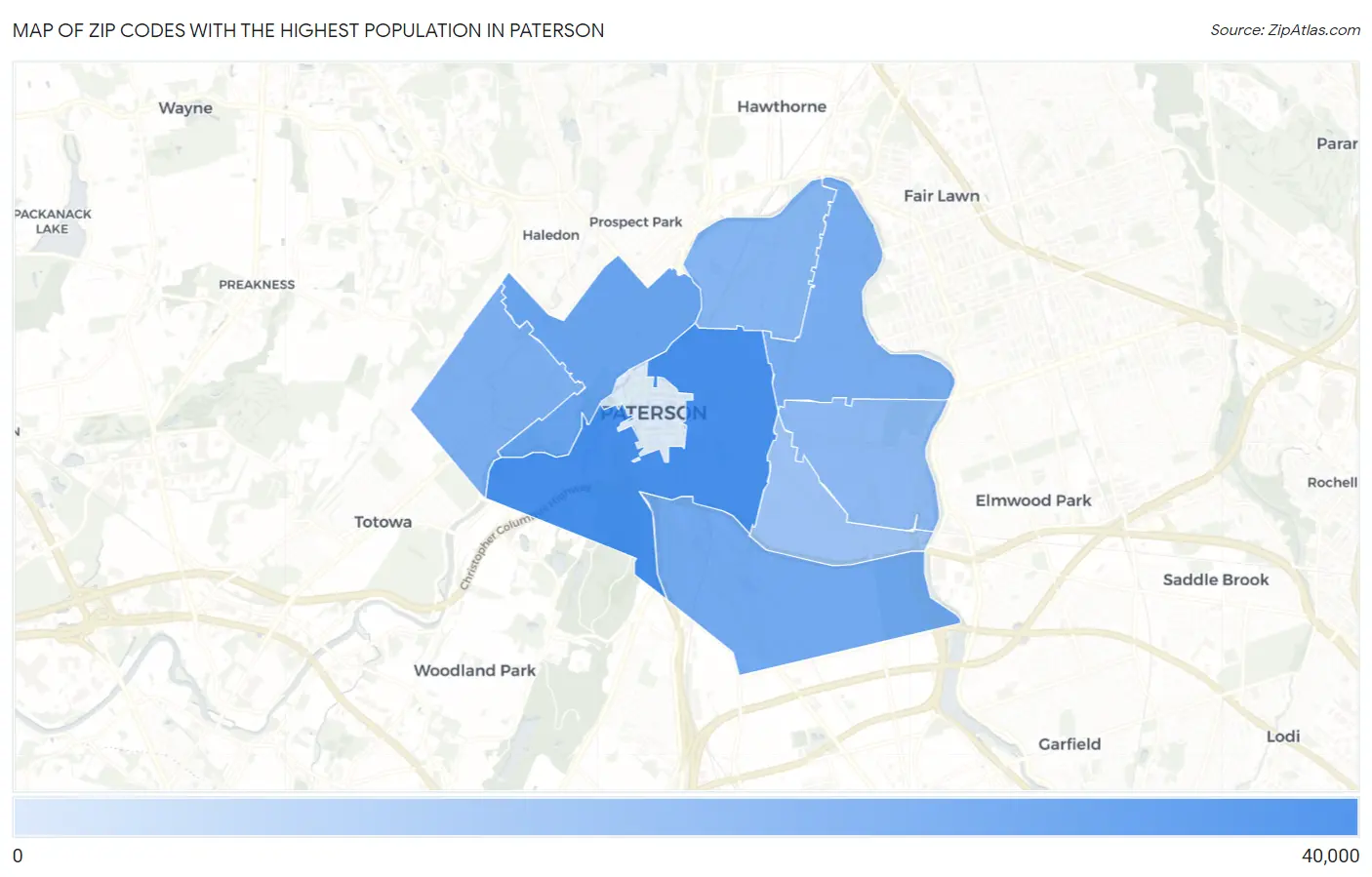 Zip Codes with the Highest Population in Paterson Map