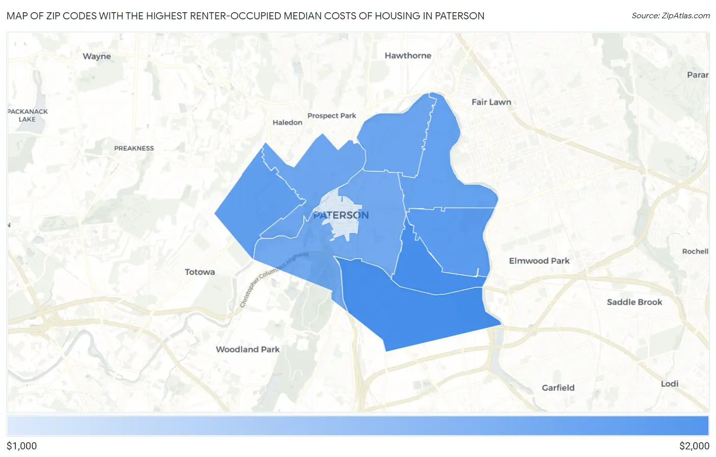 Zip Codes with the Highest Renter-Occupied Median Costs of Housing in Paterson Map