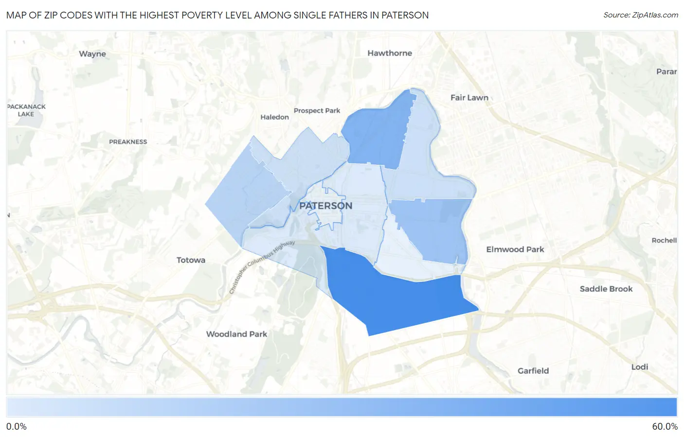 Zip Codes with the Highest Poverty Level Among Single Fathers in Paterson Map