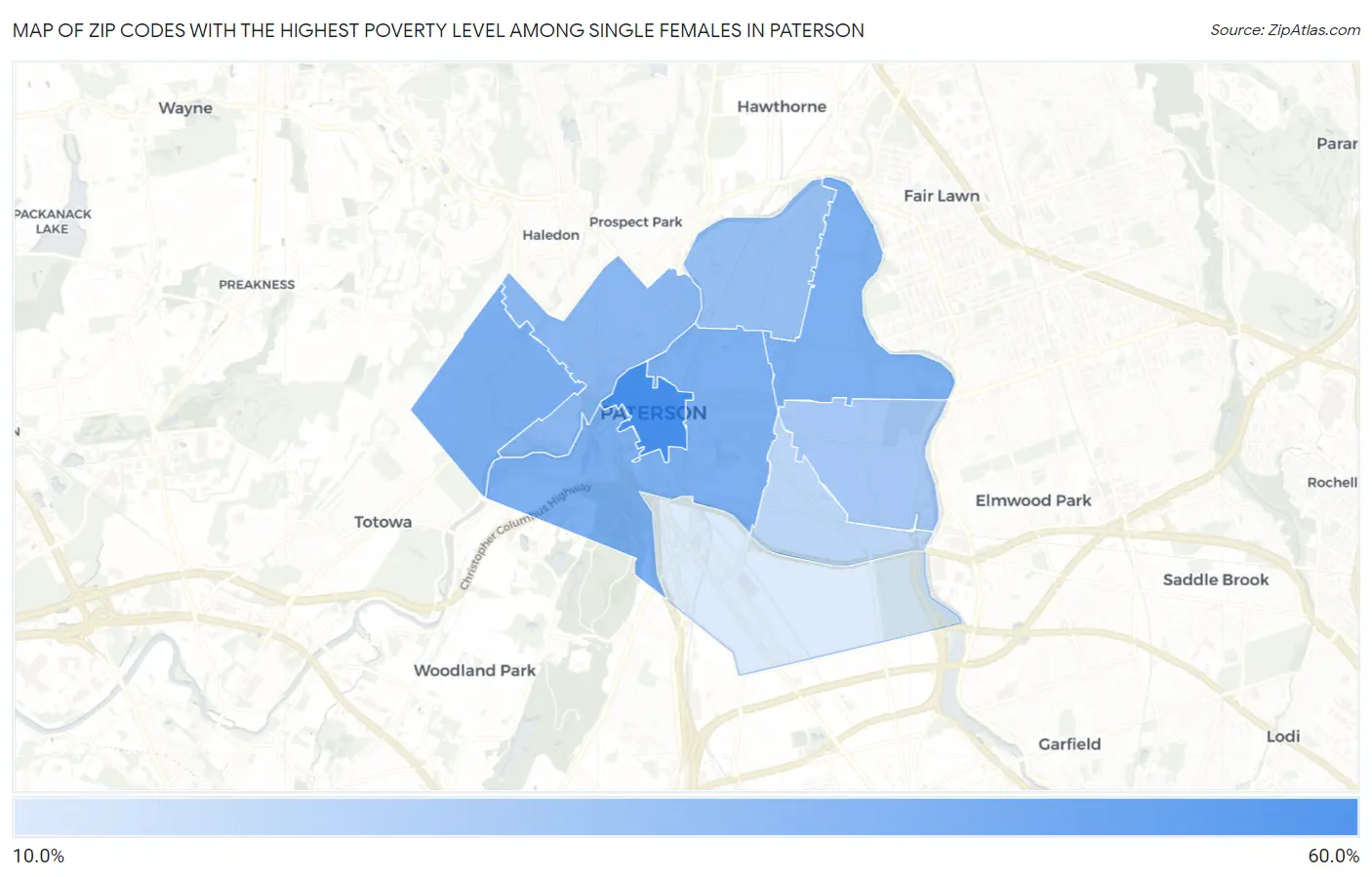 Zip Codes with the Highest Poverty Level Among Single Females in Paterson Map