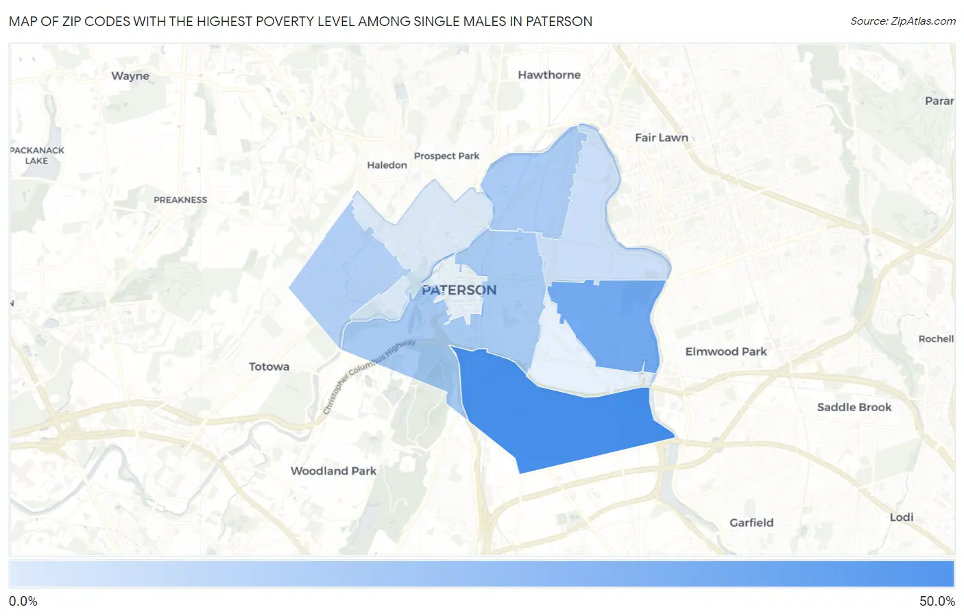 Zip Codes with the Highest Poverty Level Among Single Males in Paterson Map