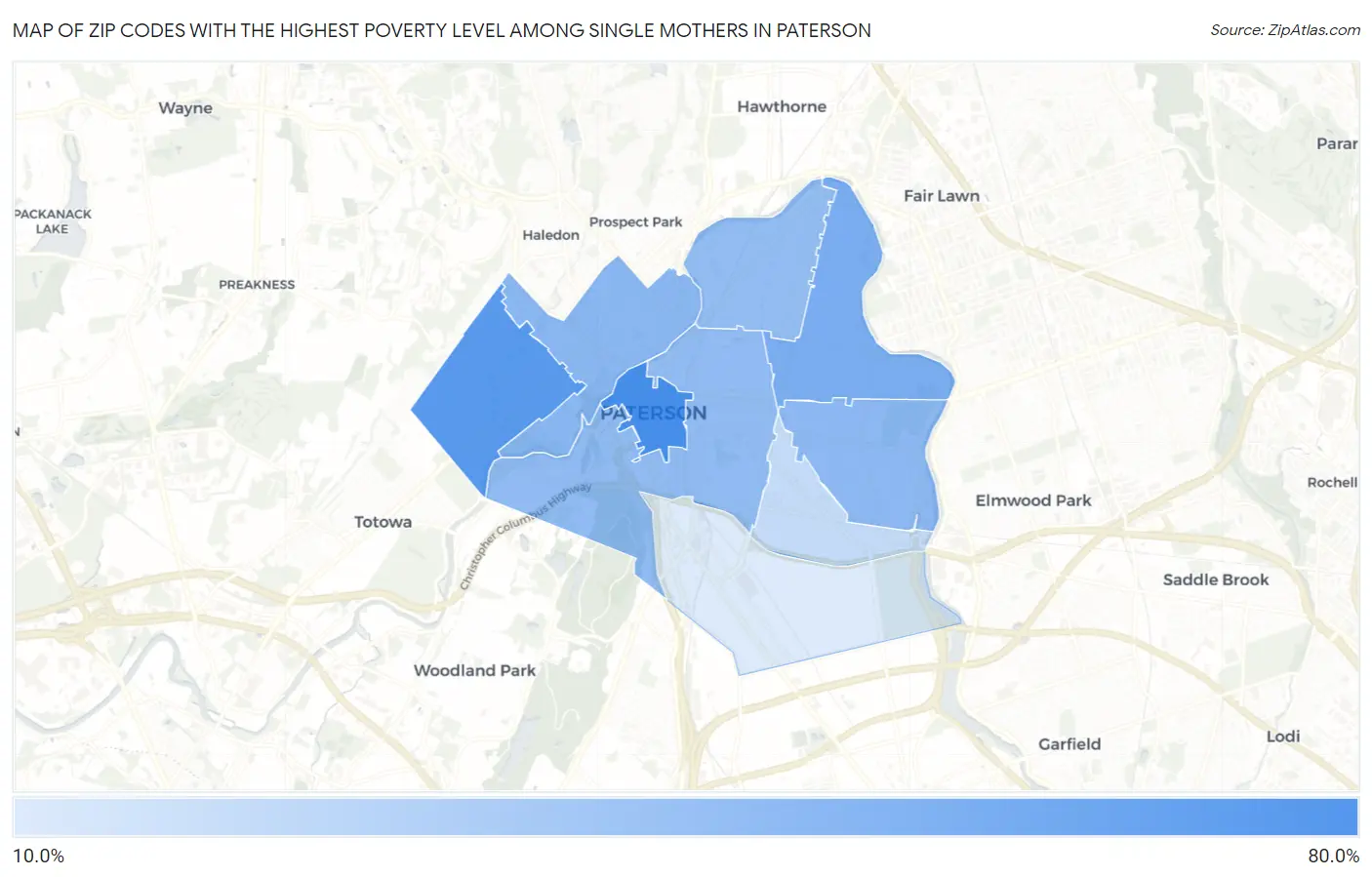 Zip Codes with the Highest Poverty Level Among Single Mothers in Paterson Map
