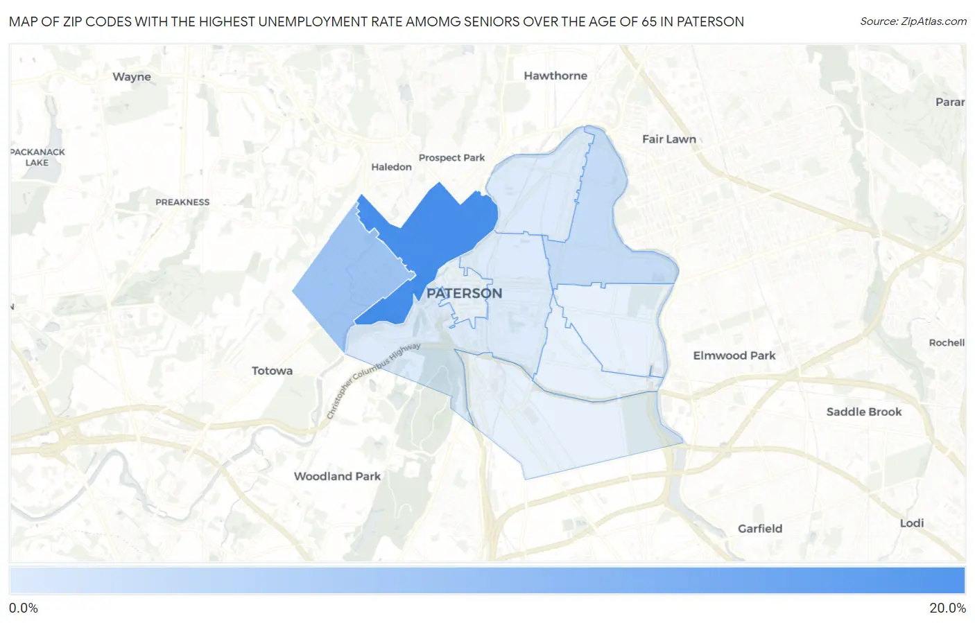 Zip Codes with the Highest Unemployment Rate Amomg Seniors Over the Age of 65 in Paterson Map